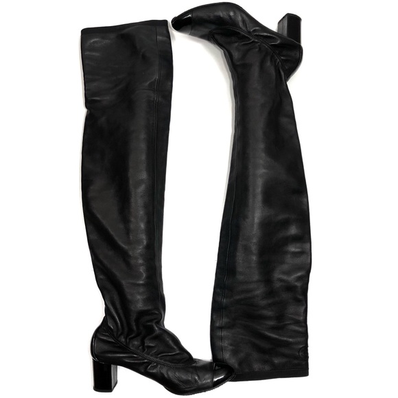CHANEL • CC Lambskin Leather Thigh-High Heel Boots - Picture 12 of 16